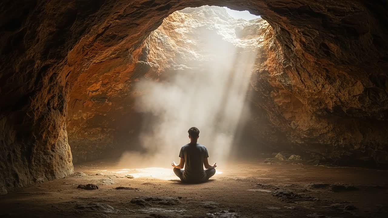 Un sereno momento di riflessione: pratica meditativa in una straordinaria grotta illuminata da raggi di sole e polvere, che offre una tranquilla fuga dalla vita quotidiana