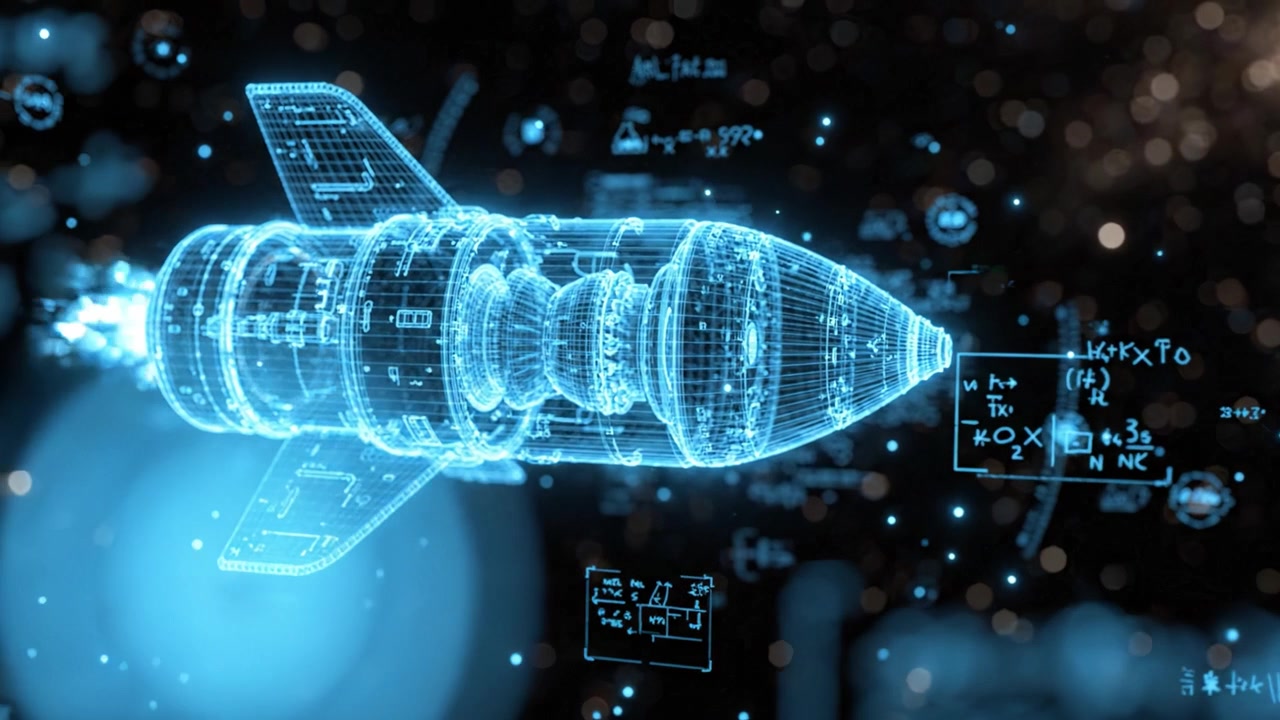 Advanced Holographic Representation of a Rocket Propulsion System with Dynamic Visuals and Technical Calculations in a Cosmic Environment