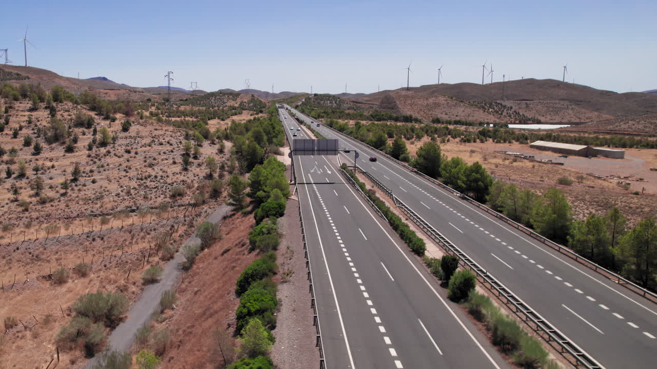 Drone flying over a highway in Andalusia, Spain