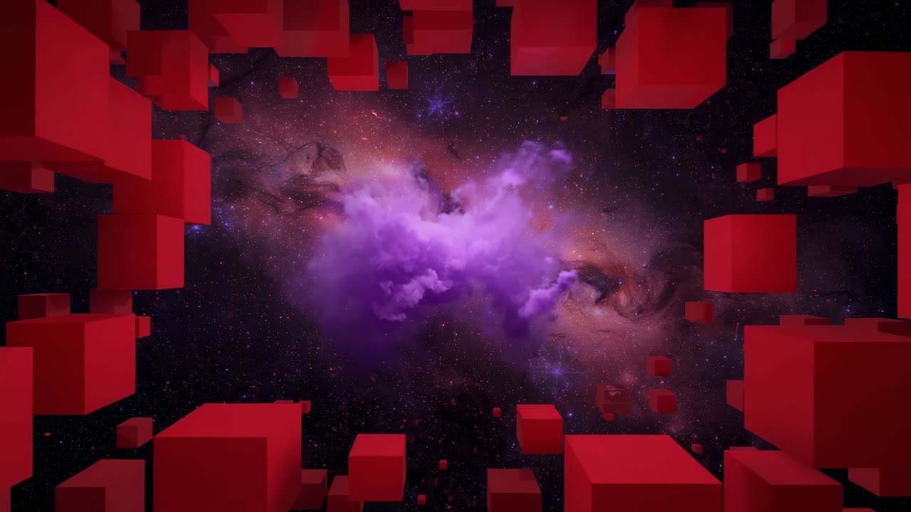 Moving camera sweeping through cubic frame in space, revealing purple nebula and red cube tunnel