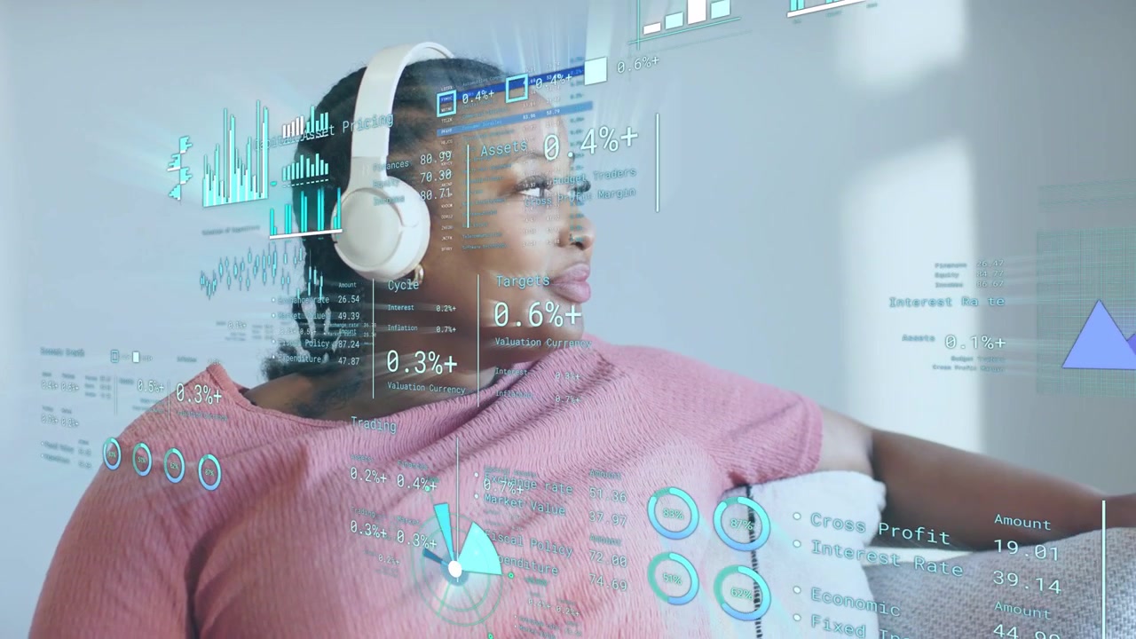 Woman sitting on sofa hearing audio, turning to window and relaxing with finance charts overlaying