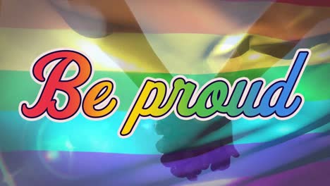 animation of be proud text with rainbow colours on waving equality rainbow flag and couple