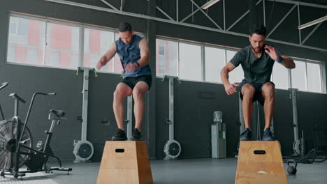 fitness, gym and men with jump box for exercise