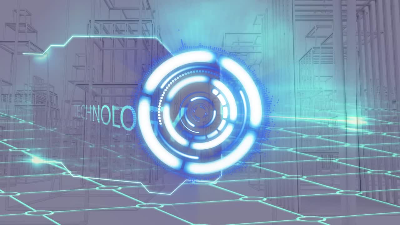 Animation of processing circle over digital metaverse space with writings