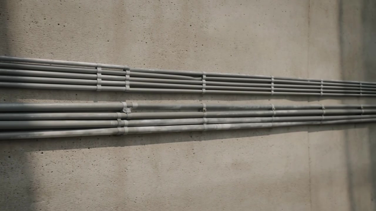 To parallelle grå metallrør for elektriske ledninger festet på en grov beige-grå betongvegg, sett forfra med en svak nedadgående vinkel, mens skiftende sollys skaper et bevegelig bånd, myk kontrast og ro.