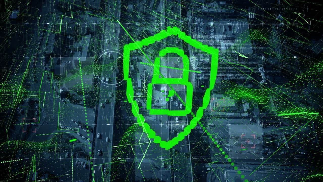 animación de candados digitales y líneas verdes sobre el tráfico vial y el paisaje urbano