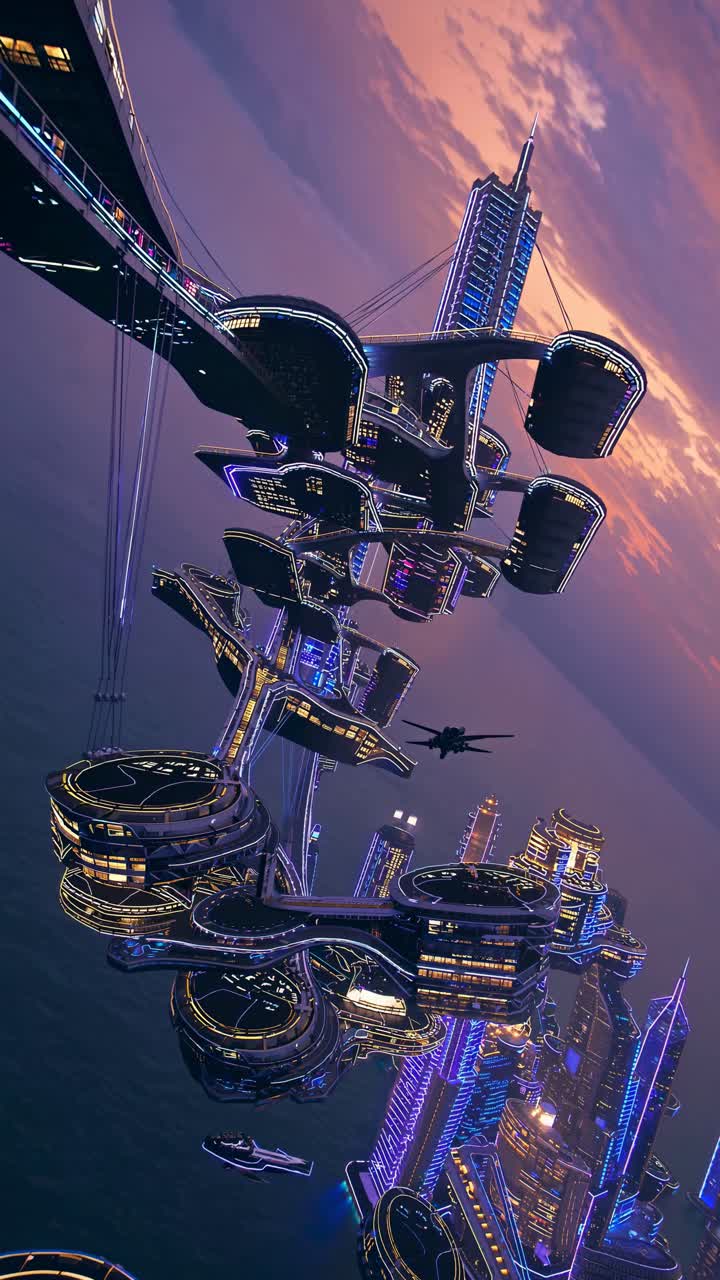Futuristic cityscape at sunset, captured from a high-angle view