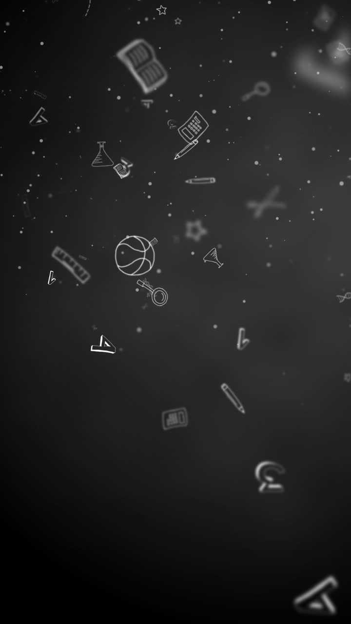Flying back to school doodles in chalkboard background. Vertical video.