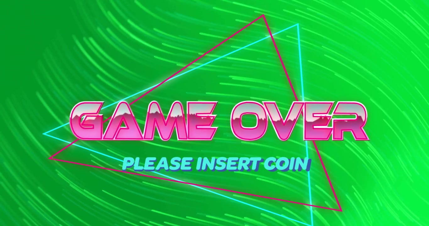 Animación de texto 'game over' sobre estelas de luz en un fondo verde.