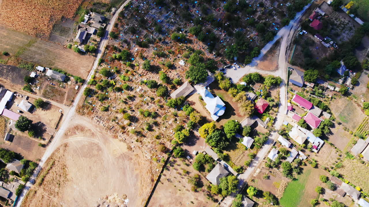 Aerial drone view of a village from north part of Moldova. Sunny day