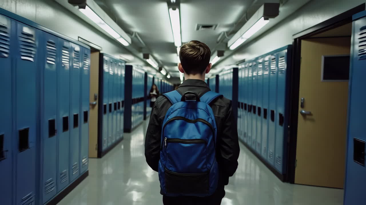 Student Walking Down School Hallway