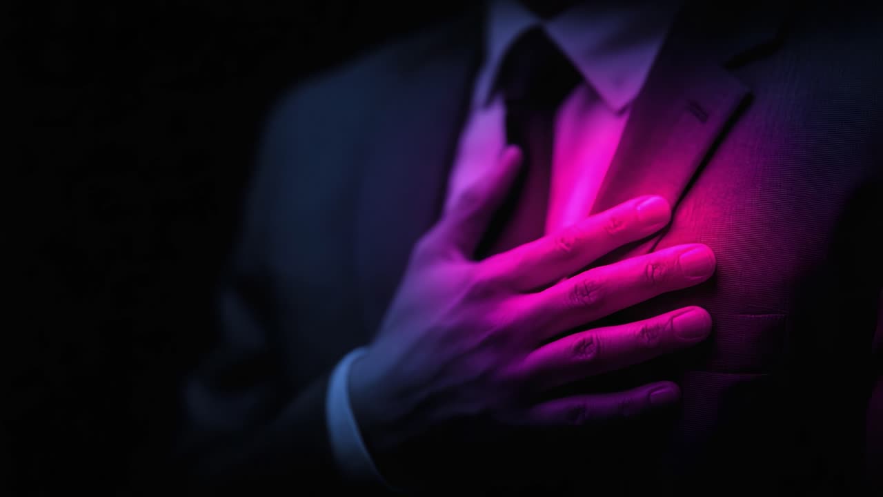 Uma Elegância Cativante: A Distinção de um Terno, Destacada por um Brilho Hipnotizante, Envolve a Mão no Coração em uma Dança Harmoniosa de Luz e Sombra