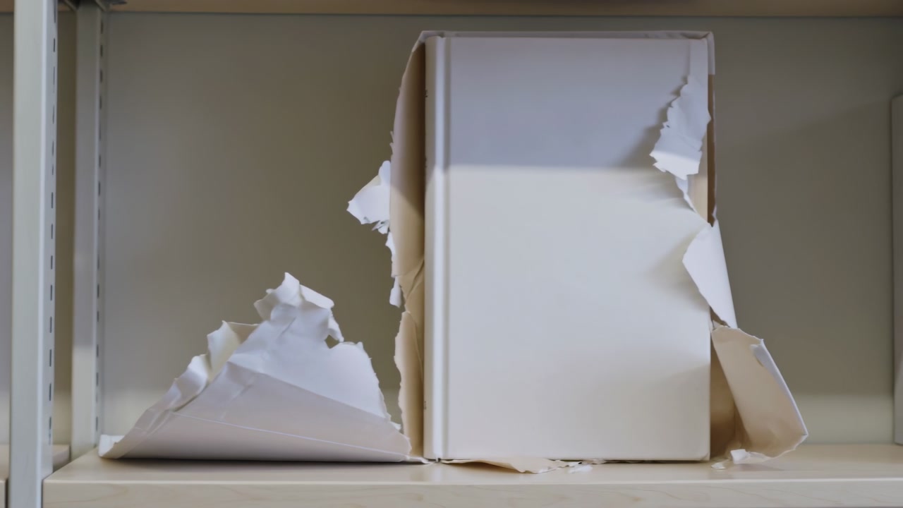 Shifting torn-wrapped white box on shelf as second white box entering from right, torn paper left