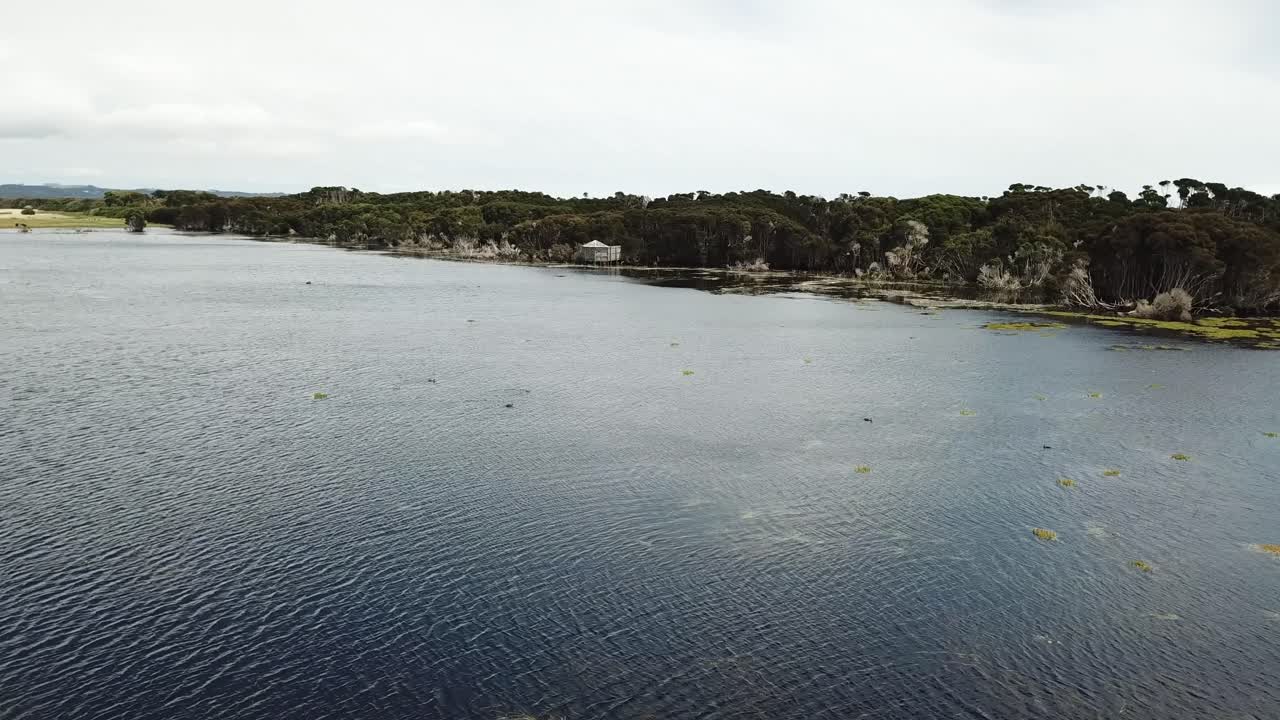 Drone aerial over lake and nature reserve pan up on cloudy day
