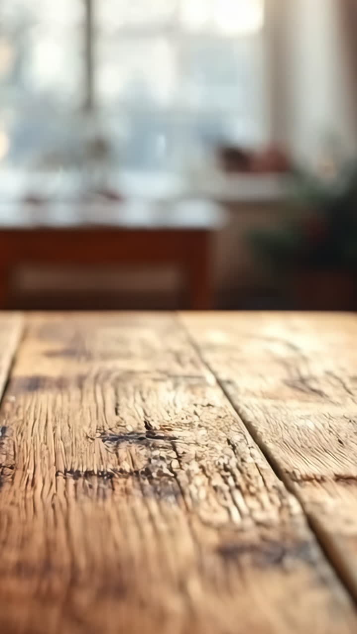 A wooden table with a fireplace in the background. The table is empty and the fireplace is lit