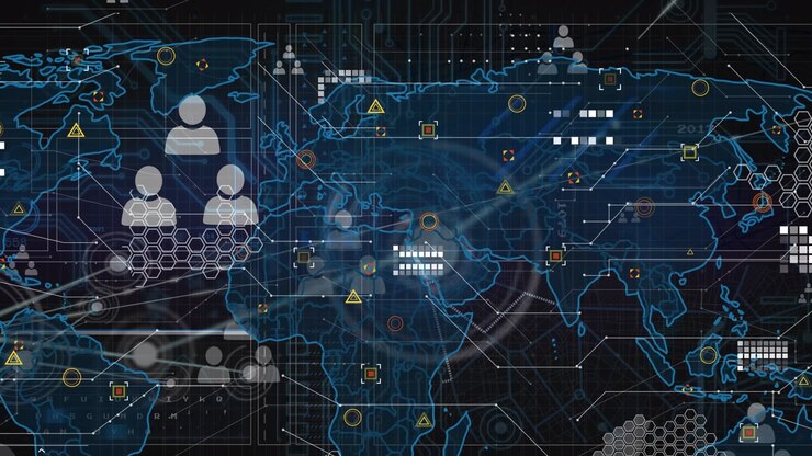 Animation of network of connections and world map over dark background