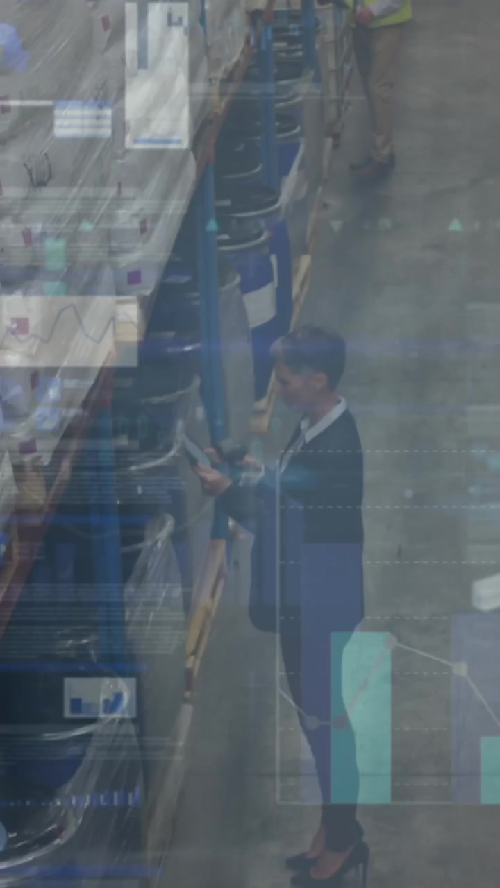 Animation of financial data processing over people working in warehouse