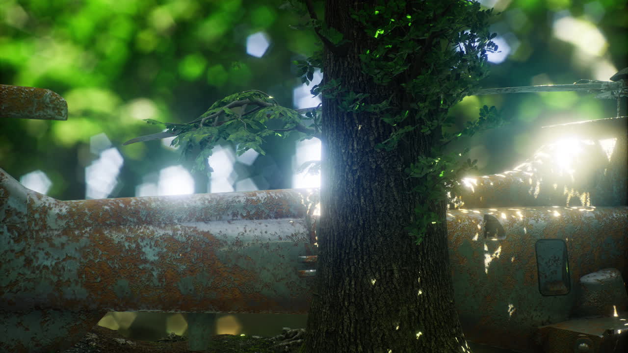 Helicopter partially concealed by foliage illuminates a serene forest setting