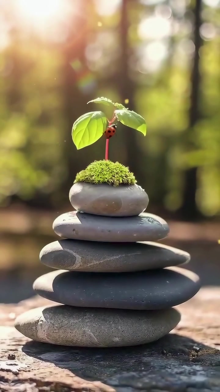 Ladybug Crawling on a Small Plant Growing From Stacked Stones