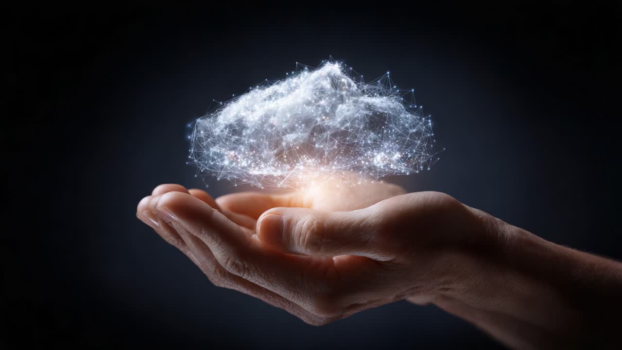 A Hand Cradles an Ethereal Cloud of Digital Data, Symbolizing Connectivity and Innovation in the World of Technology and Imaginary Possibilities