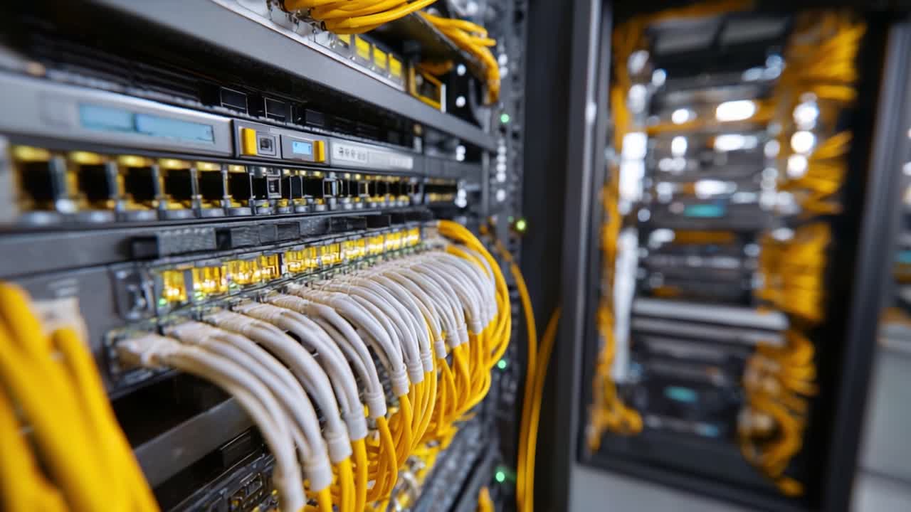 Network Infrastructure Overview: High-Tech Data Center Featuring Yellow Cables and Server Racks for Robust Connectivity and Data Management Solutions