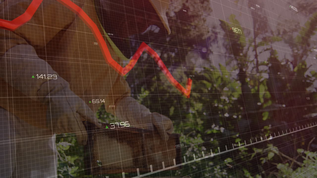 Red financial graph animation over person harvesting crops in garden