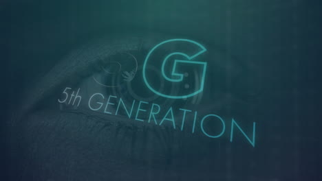 animation of text 5g 5th generation, with circular scope rotating over blinking eye, on dark grey