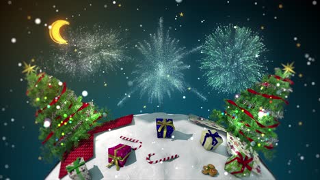 charming 3d motion graphic of a mini snowy world spinning, with trees popping out of gifts and fireworks bursting in a snowy night sky and space for the message of your choice