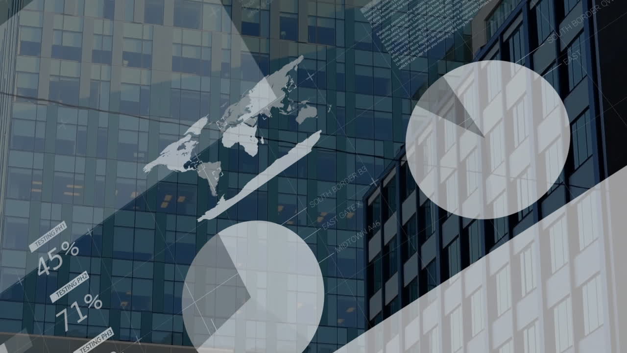 animación del procesamiento de datos financieros sobre edificios de oficinas de la ciudad