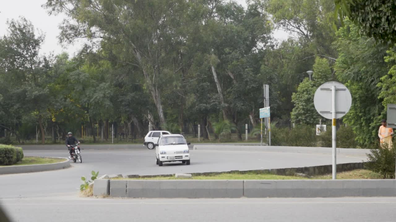 A shot capturing a tranquil road embraced by vibrant, leafy trees, with vehicles softly moving through the scene.