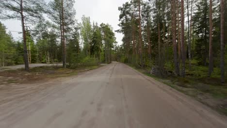 A-car-travels-along-the-road,-gracefully-maneuvering-through-the-captivating-scenery-of-the-forest-and-green-fields-that-flank-its-path