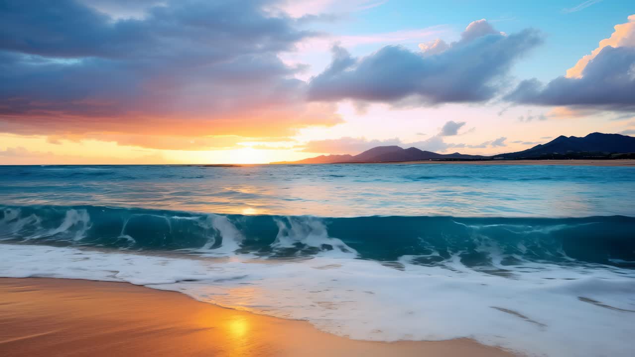 A serene beach sunset captured from a low angle, showcasing vibrant skies and gentle waves