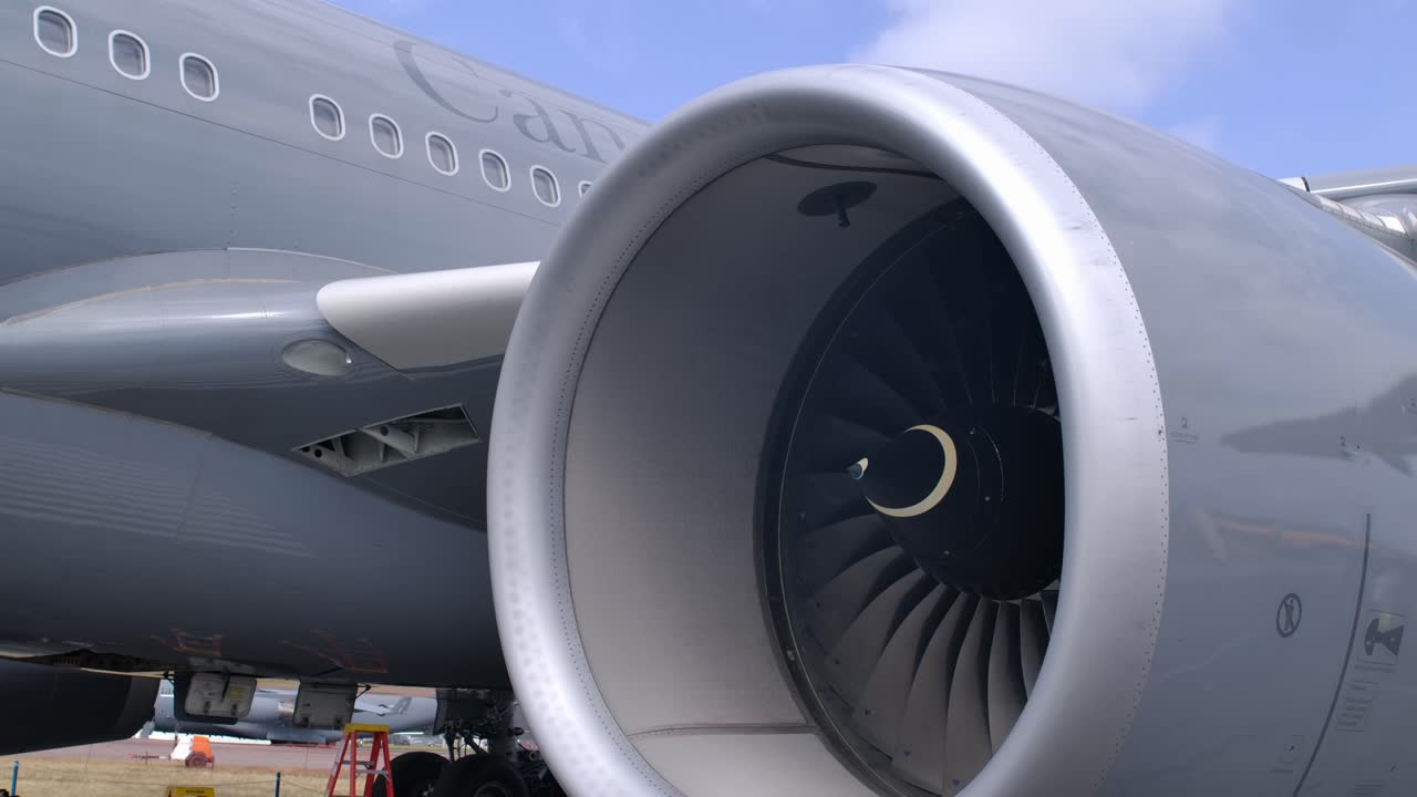 Close-up of a turbofan engine on a military transport aircraft