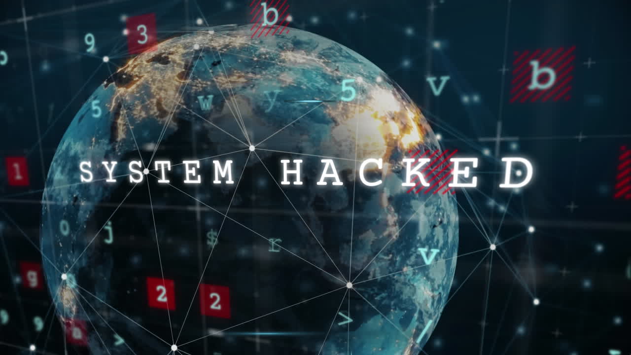 animación de textos conceptuales de ciberseguridad y procesamiento de datos sobre un globo giratorio y un punto de luz