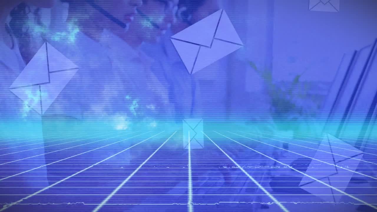 animación de iconos y ondas azules sobre personas de negocios que usan auriculares