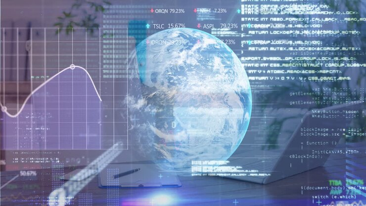 Digital composite video of stock market data processing over globe against office desk