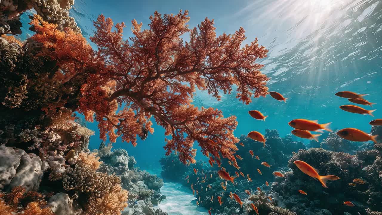 Sotto le onde: una vivida scena di barriera corallina con una lussureggiante vita acquatica catturata con dettagli mozzafiato, evidenziando la bellezza degli ecosistemi sottomarini e della biodiversità marina.