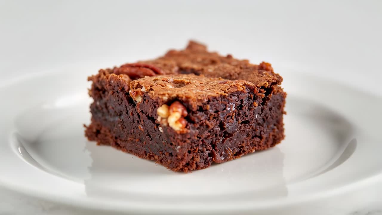 Zoom della camera intorno a un brownie al cioccolato su un piatto bianco in studio che mostra la consistenza e la frutta secca