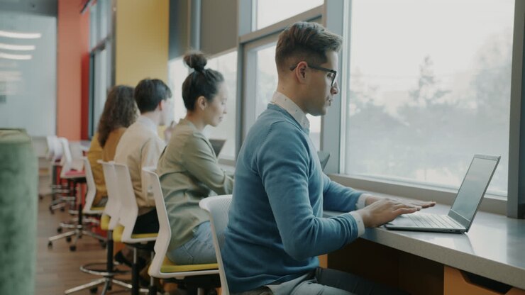 People working in a modern office space