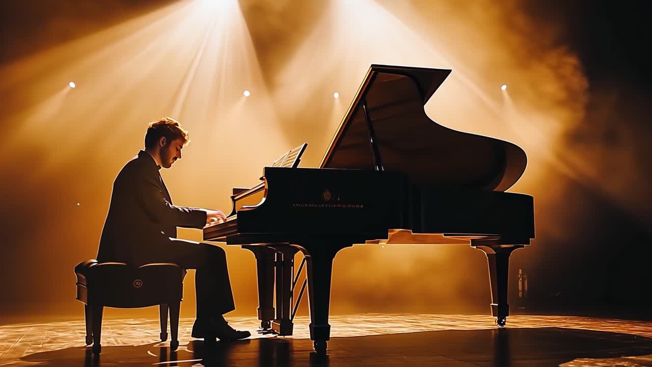 A pianist performing on a grand piano under spotlights