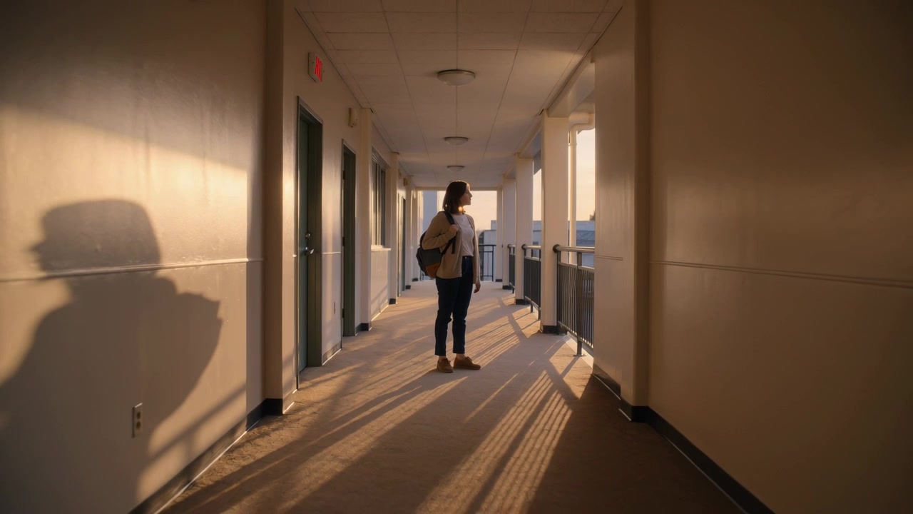Studente che disegna al tramonto si gira verso la ringhiera del balcone, osservando il panorama e sistemandosi lo zaino.