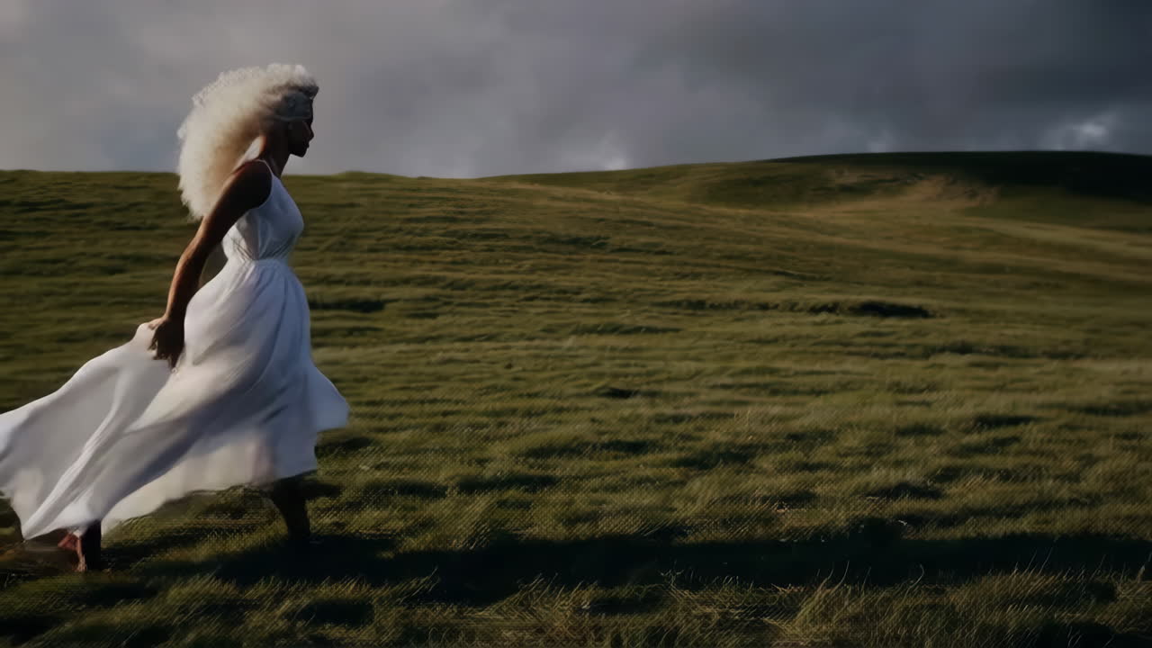 옷 을 입은 여자 가 들판 에서 고 있다
