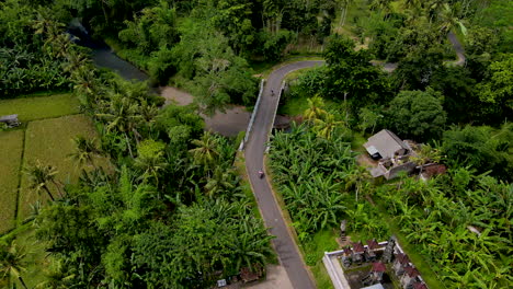cemented road surrounded with house structures and green landscape in west bali, indonesia