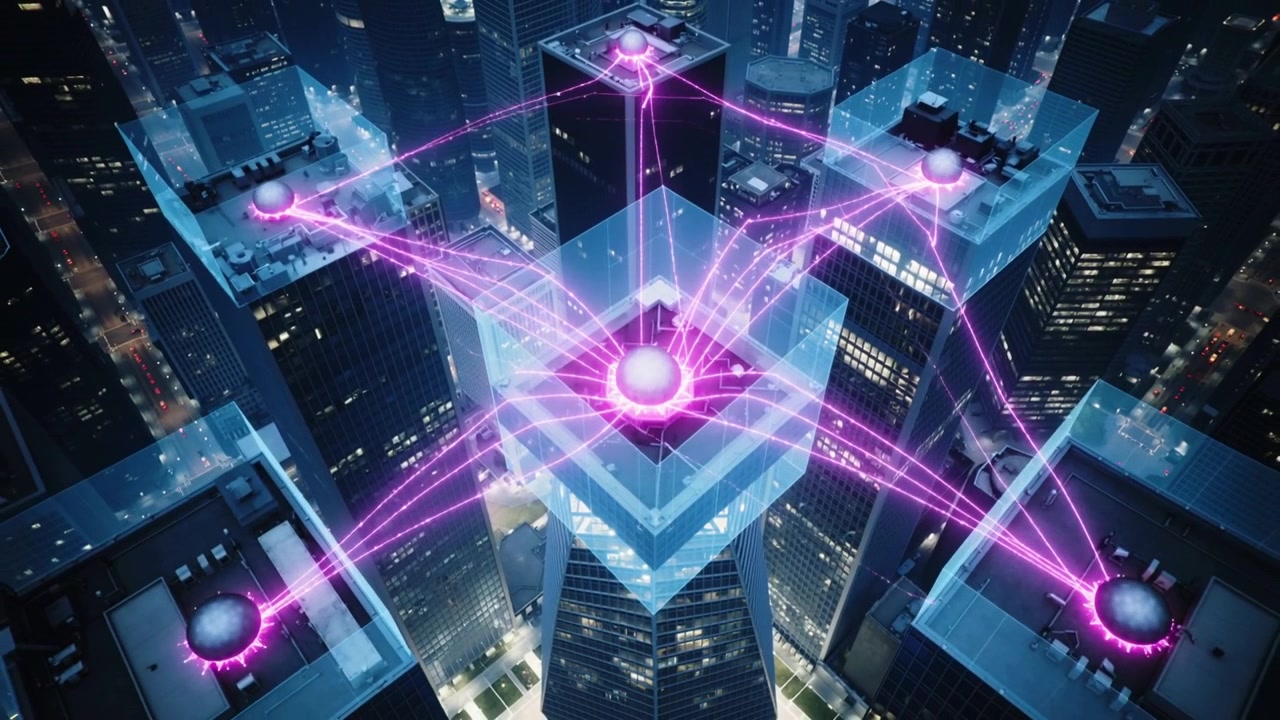 Sending pink pulse central dome launching beams to roof nodes over downtown night, forming net