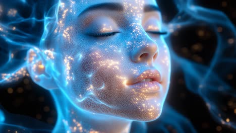 glowing patterned face art. a young woman closes her eyes as glowing patterns illuminate her face, creating a surreal and futuristic effect.