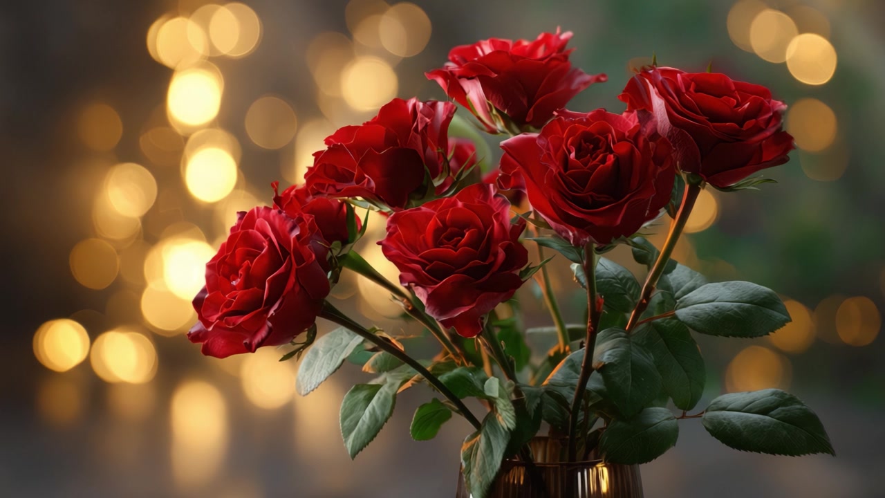 Impresionante arreglo de rosas rojas en un jarrón con un suave fondo bokeh, perfecto para celebraciones, expresiones de amor e ideas de decoración elegante