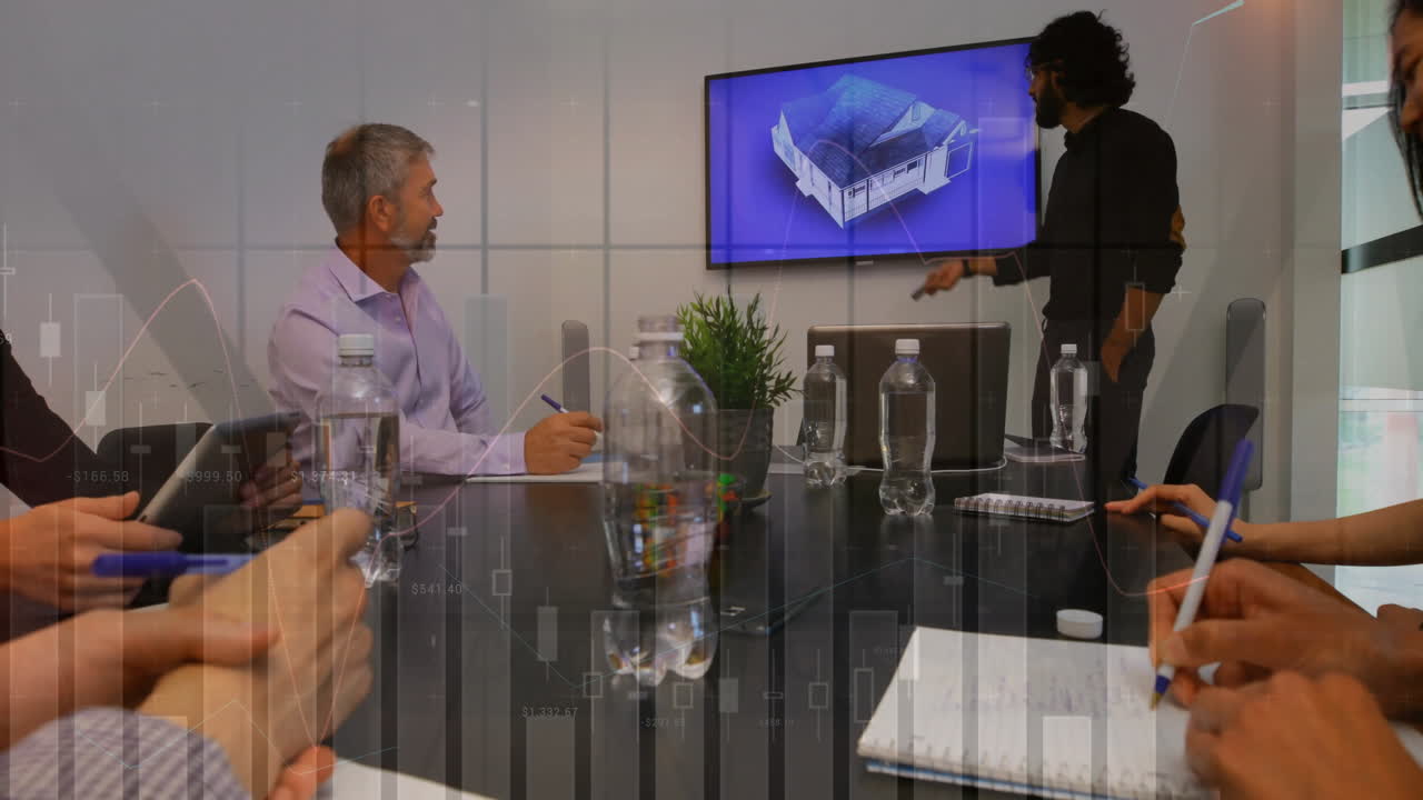 Discussing architectural model, business team in meeting with financial data animation