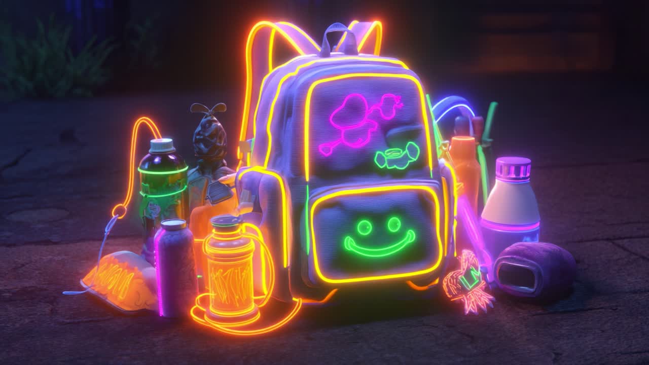 A vibrant, neon-lit backpack surrounded by a collection of colorful items, illuminating the scene with playful lights. Perfect for creative adventures and imaginative explorations