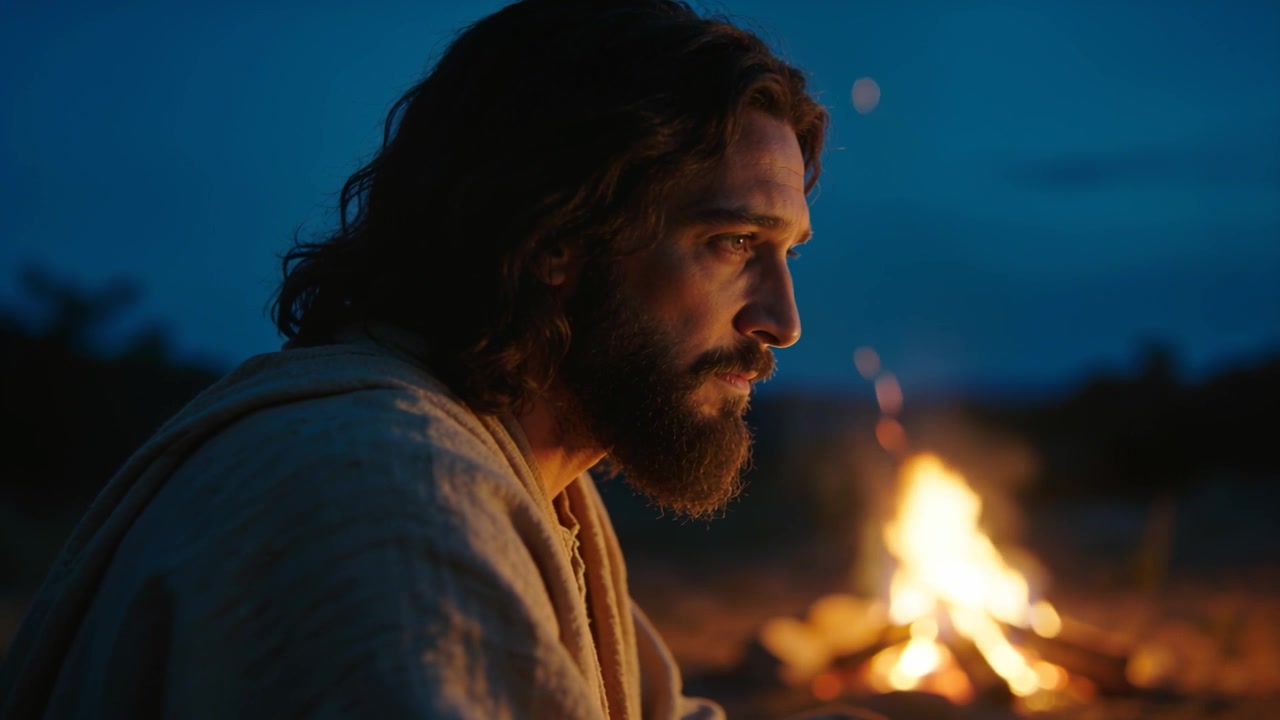 Gazing robed adult male reflecting, watching fire flickering and sparks rising at dusk, copy space