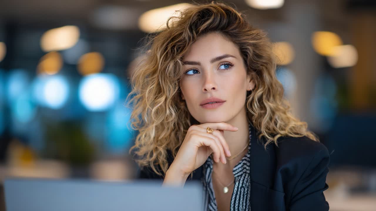 Donna professionista riflessiva in un moderno ambiente d'ufficio che riflette su idee e strategie con un'espressione concentrata, illuminata da una soffusa luce ambientale.